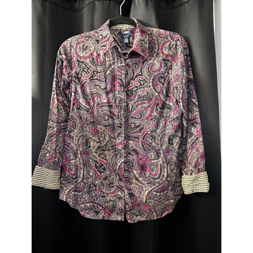 Chaps Womens Purple Paisley No Iron Button Down Shirt Long Sleeve Houndstooth M